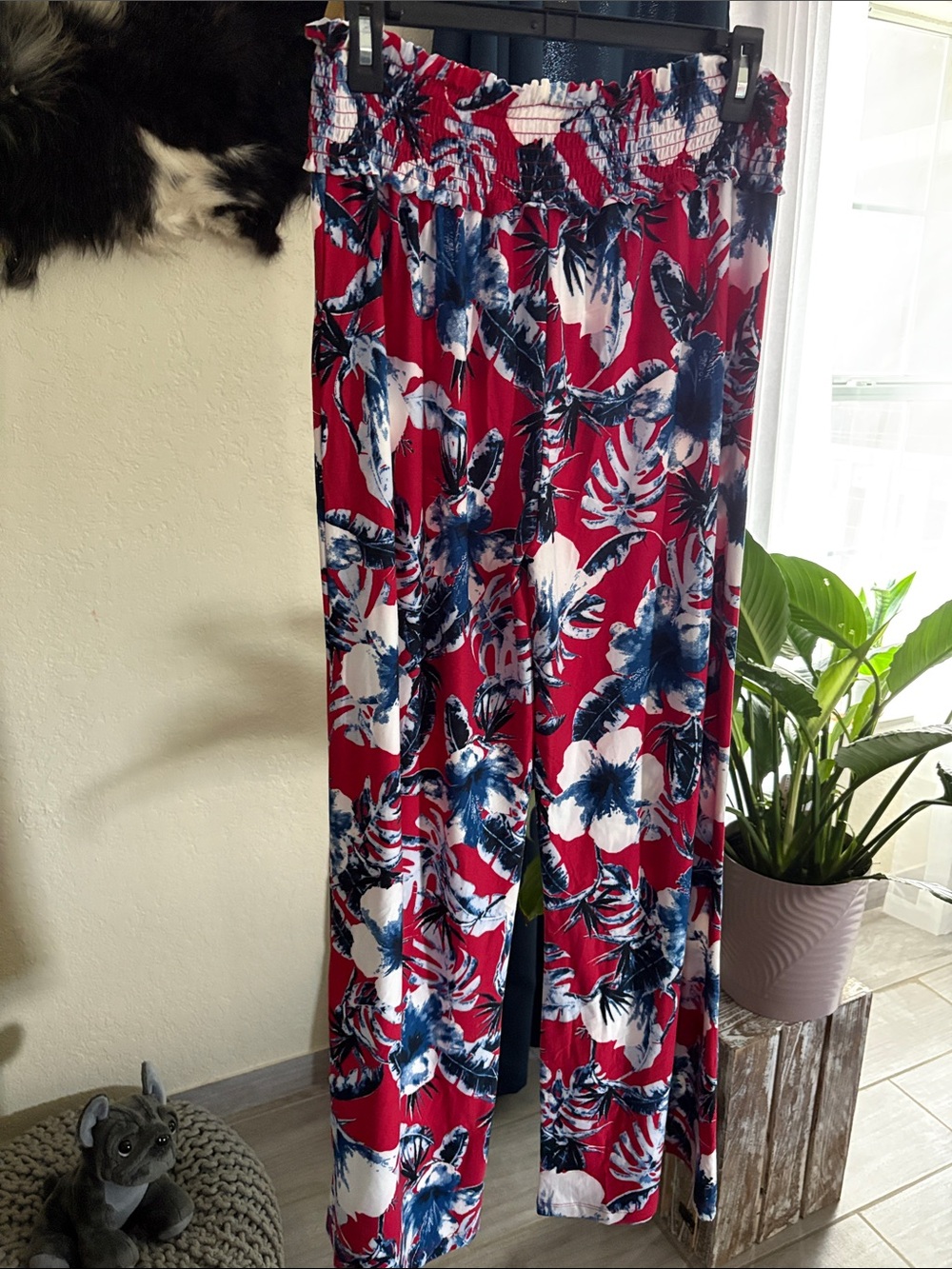 Red Floral Wide-Leg Pants with Smocked Waist
